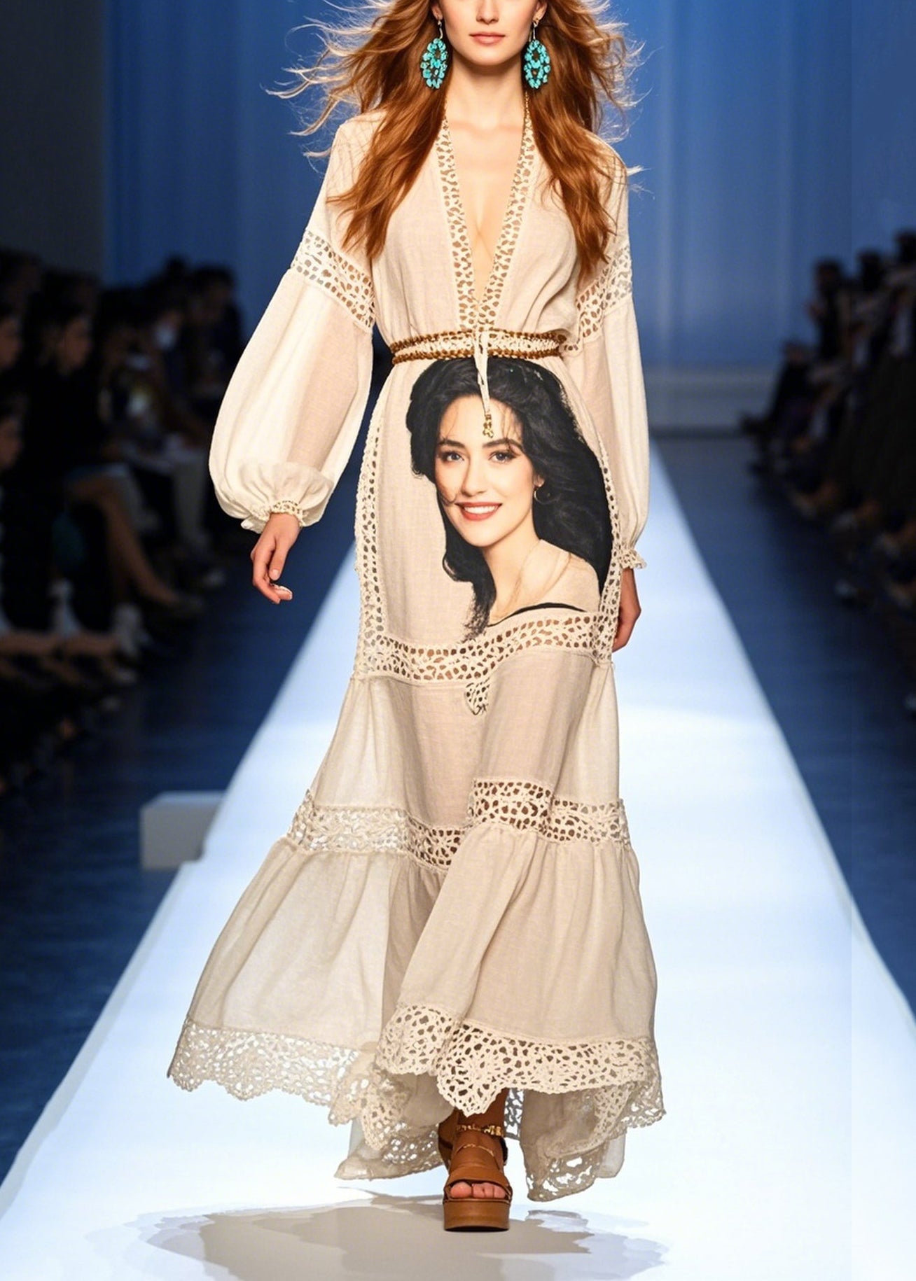 Chic White Print Patchwork Hollow Out Party Dress Summer