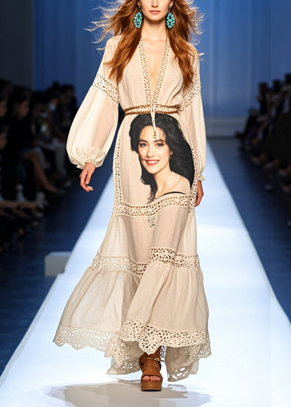 Chic White Print Patchwork Hollow Out Party Dress Summer