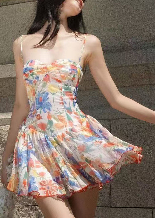 Chic White Print Wrinkled Chiffon Mini Dress Summer
