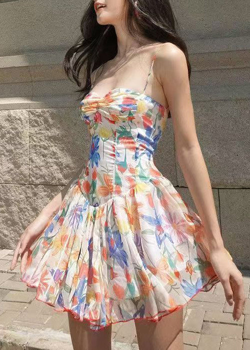 Chic White Print Wrinkled Chiffon Mini Dress Summer