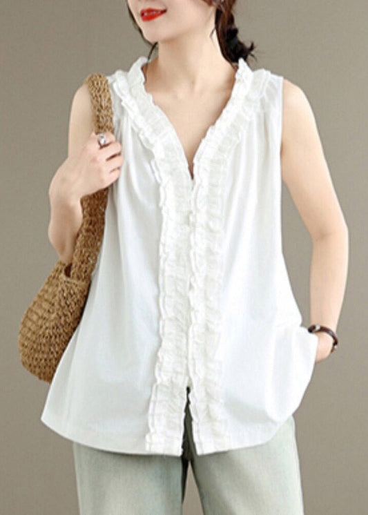 Chic White Ruffled Patchwork Solid Vest Sleeveless