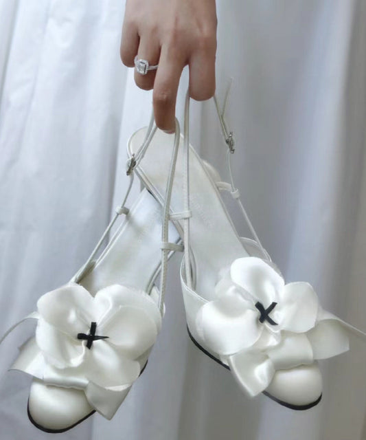 Chic White Satin Bow High Heels Splicing Floral