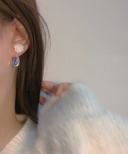 Elegantes pendientes de gota de agua con diseño floral de cristal de aleación de plata esterlina blanca