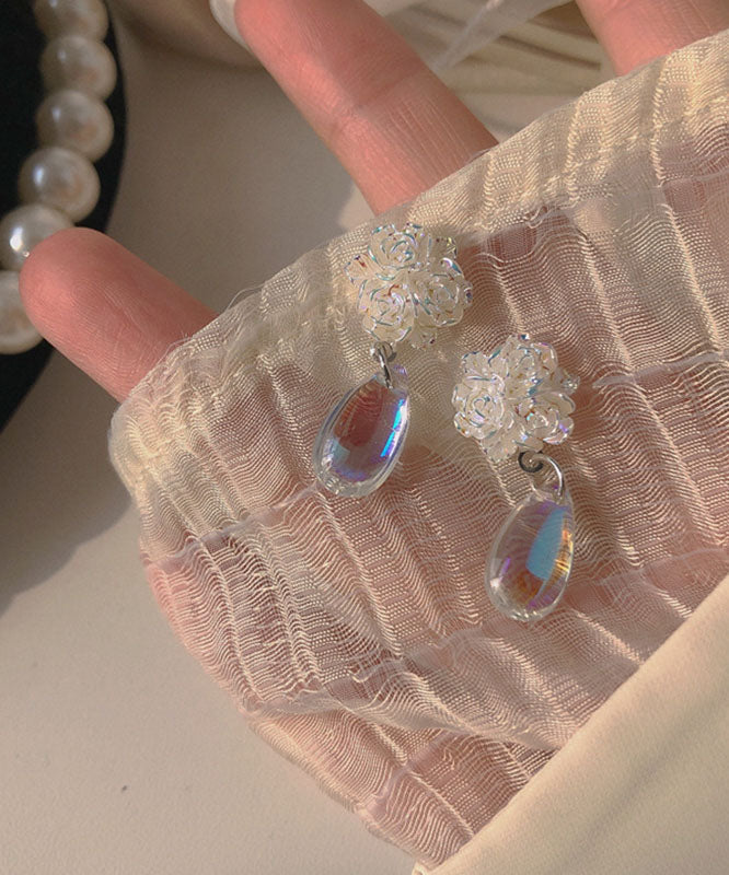 Elegantes pendientes de gota de agua con diseño floral de cristal de aleación de plata esterlina blanca