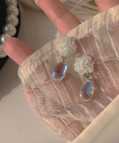 Elegantes pendientes de gota de agua con diseño floral de cristal de aleación de plata esterlina blanca