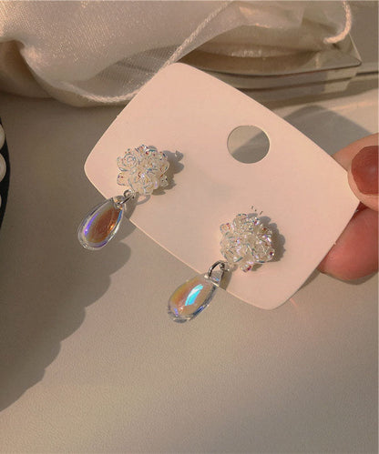 Elegantes pendientes de gota de agua con diseño floral de cristal de aleación de plata esterlina blanca