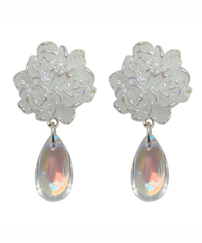 Elegantes pendientes de gota de agua con diseño floral de cristal de aleación de plata esterlina blanca