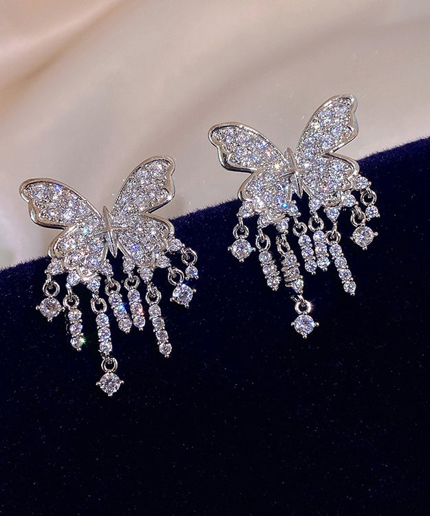 Elegantes pendientes de borla de mariposa con circonitas de aleación de plata esterlina blanca