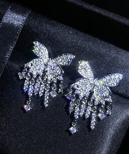 Elegantes pendientes de borla de mariposa con circonitas de aleación de plata esterlina blanca