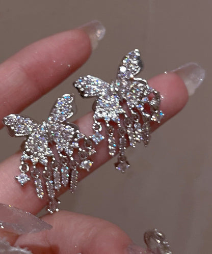 Elegantes pendientes de borla de mariposa con circonitas de aleación de plata esterlina blanca
