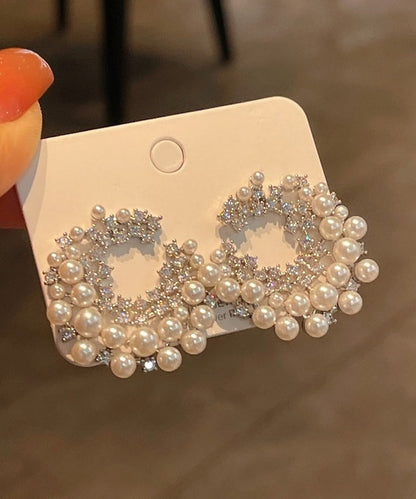 Elegantes pendientes de aro con perla y circonitas de aleación de plata de ley blanca