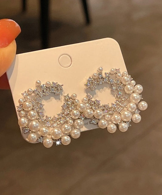 Elegantes pendientes de aro con perla y circonitas de aleación de plata de ley blanca