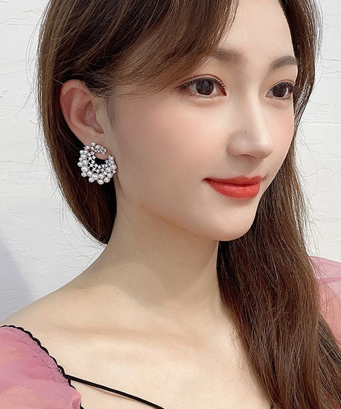Elegantes pendientes de aro con perla y circonitas de aleación de plata de ley blanca