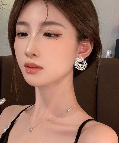 Elegantes pendientes de aro con perla y circonitas de aleación de plata de ley blanca