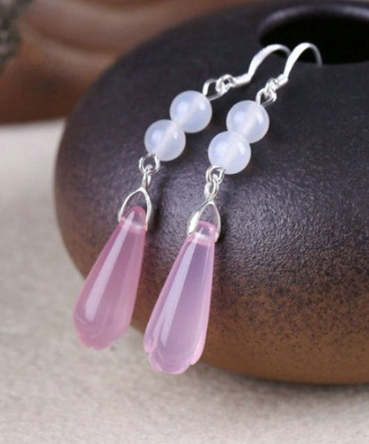 Elegantes pendientes de gota de agua con forma esférica de jade en plata de ley rosa