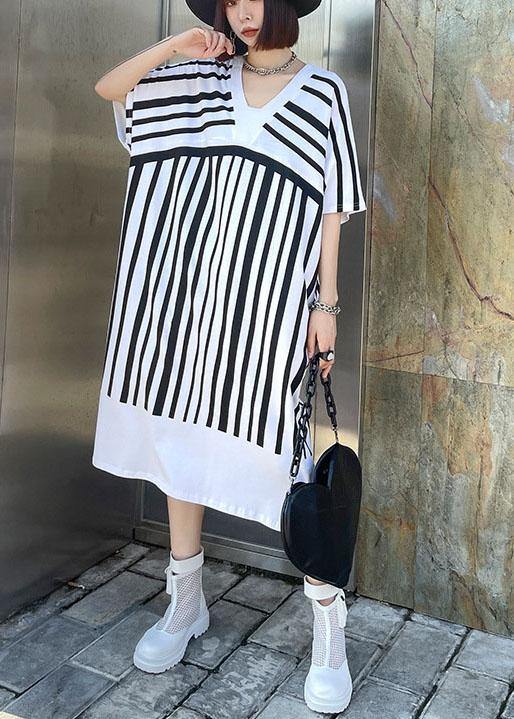 Chic White Striped Cotton Dress V Neck Summer Long Dresses - SooLinen