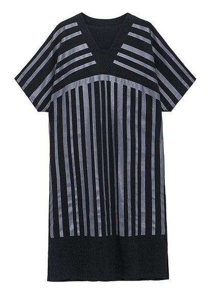 Chic White Striped Cotton Dress V Neck Summer Long Dresses - SooLinen