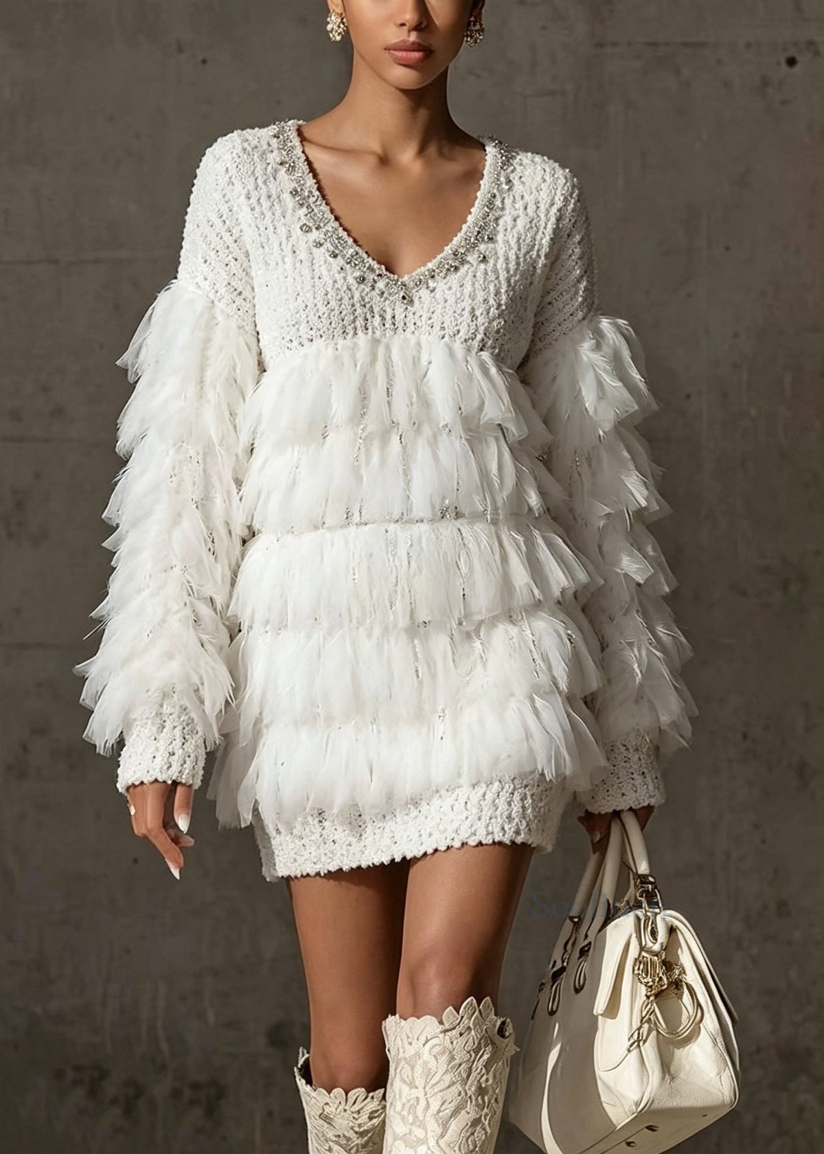 Chic White Tassel Zircon Patchwork Knit Sweaters Fall