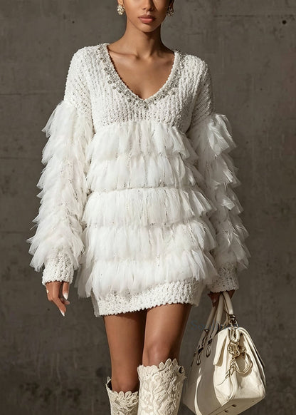 Chic White Tassel Zircon Patchwork Knit Sweaters Fall