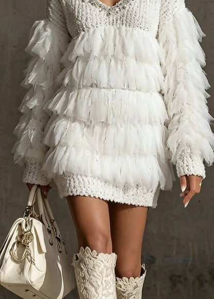 Chic White Tassel Zircon Patchwork Knit Sweaters Fall