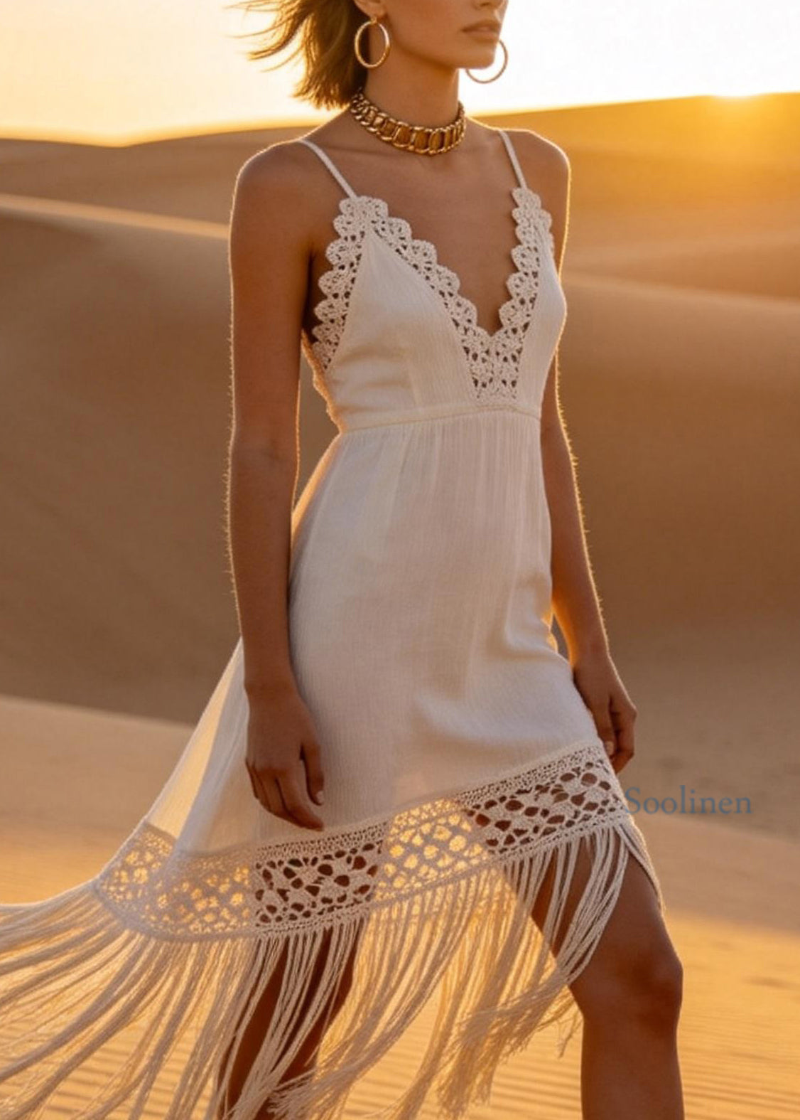Chic White Tasseled Patchwork Cotton Spaghetti Strap Summer