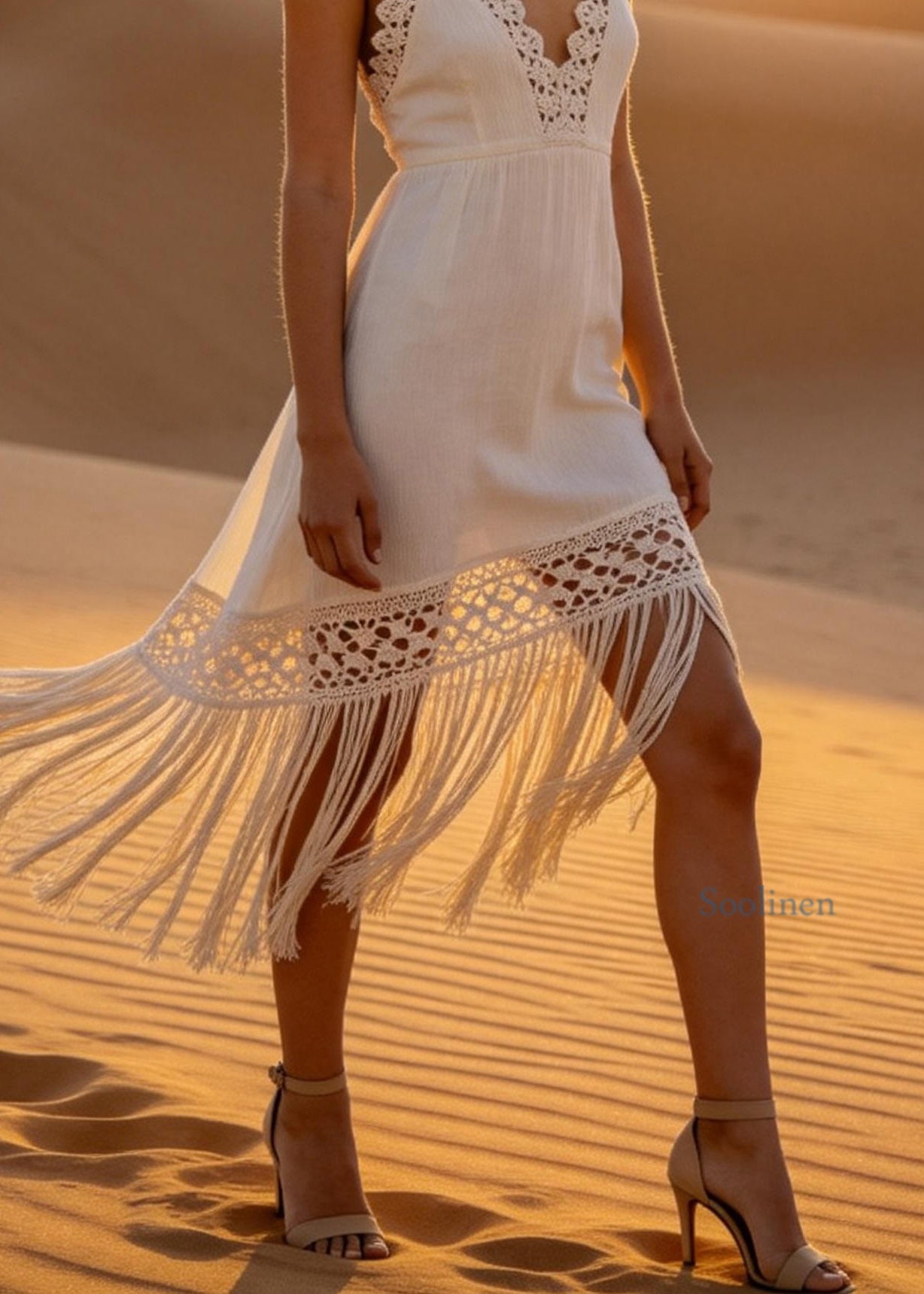 Chic White Tasseled Patchwork Cotton Spaghetti Strap Summer