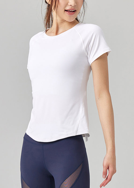 Chic White Tulle Patchwork Short Sleeve Yoga Top