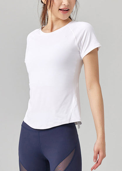 Chic White Tulle Patchwork Short Sleeve Yoga Top