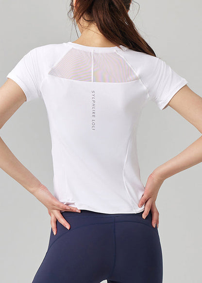 Chic White Tulle Patchwork Short Sleeve Yoga Top