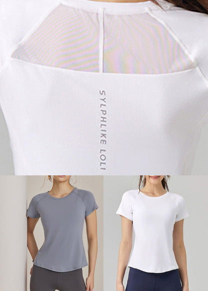 Chic White Tulle Patchwork Short Sleeve Yoga Top
