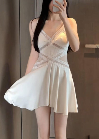 Chic White V Neck Patchwork Lace Tulle Slips