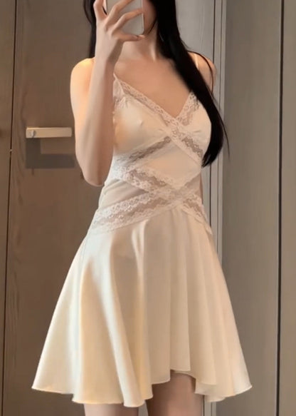 Chic White V Neck Patchwork Lace Tulle Slips