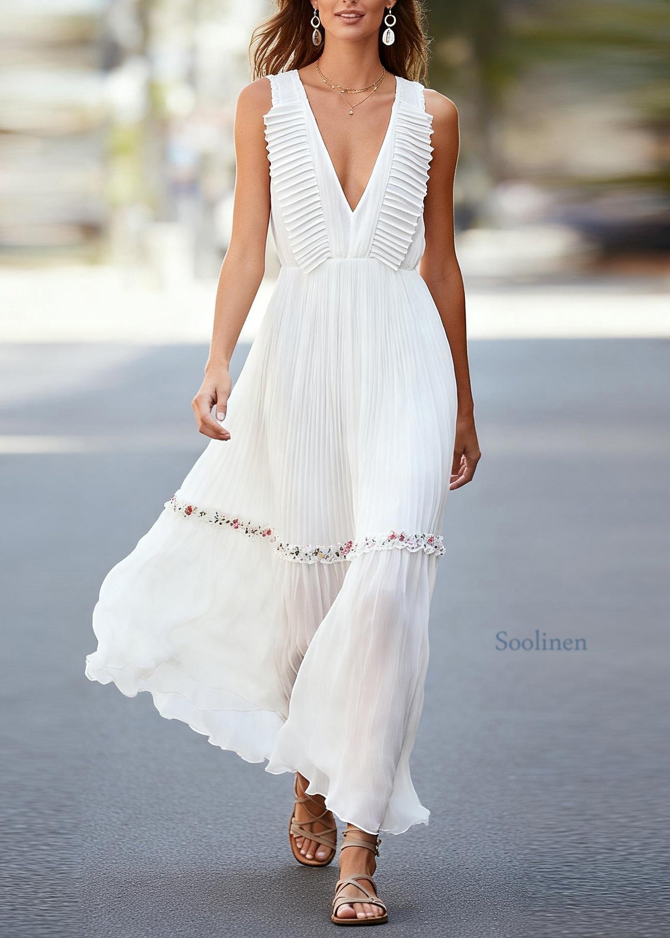 Chic White V Neck Ruffled Floral Chiffon Robe Dresses Sleeveless