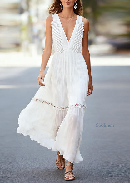 Chic White V Neck Ruffled Floral Chiffon Robe Dresses Sleeveless