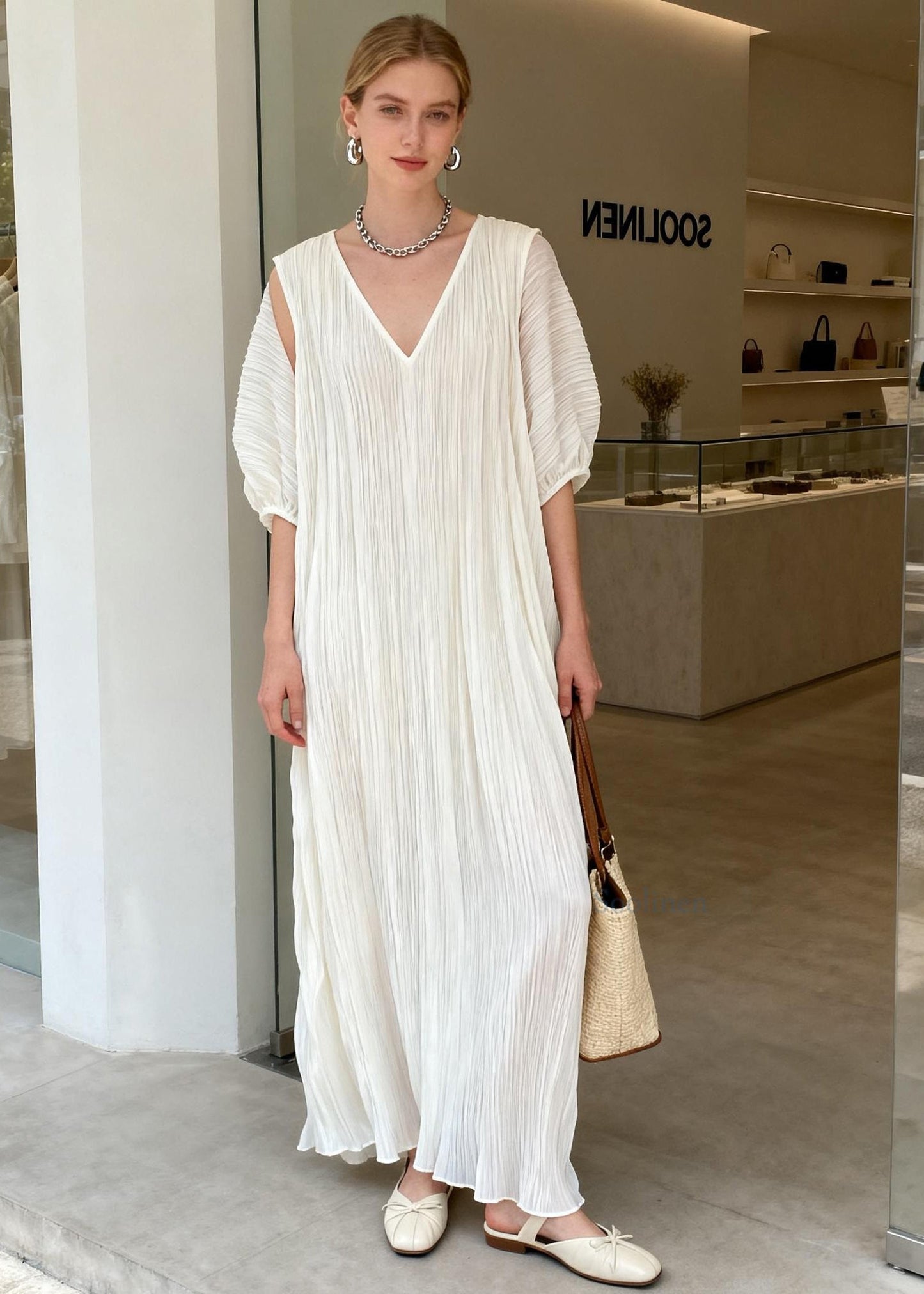 Chic White V Neck Wrinkled Patchwork Cotton Maxi Dresses Summer