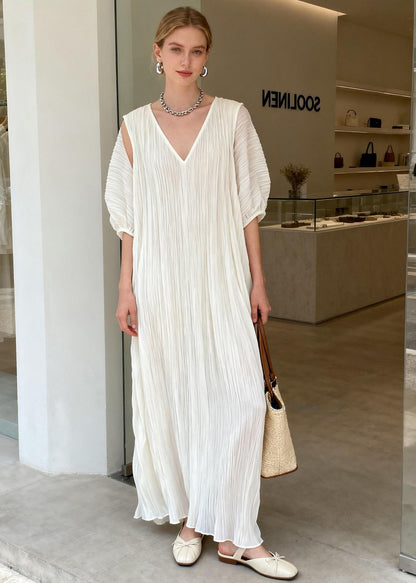 Chic White V Neck Wrinkled Patchwork Cotton Maxi Dresses Summer