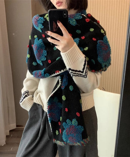 Chic Wool Blend Three-Dimensional Flower Embroidered Scarf