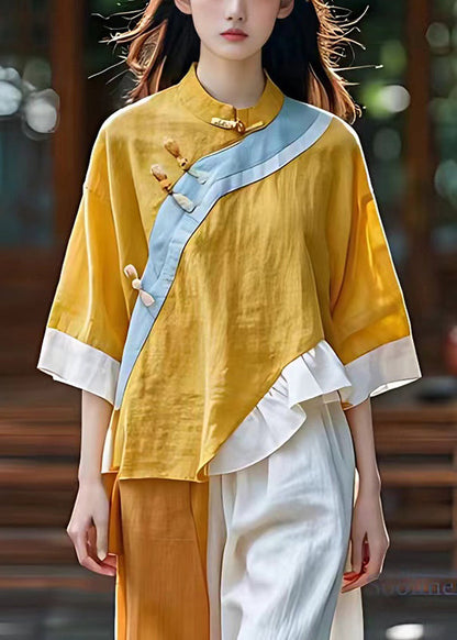 Schickes gelbes asymmetrisches Patchwork-Leinen-Oriental-Top Sommer