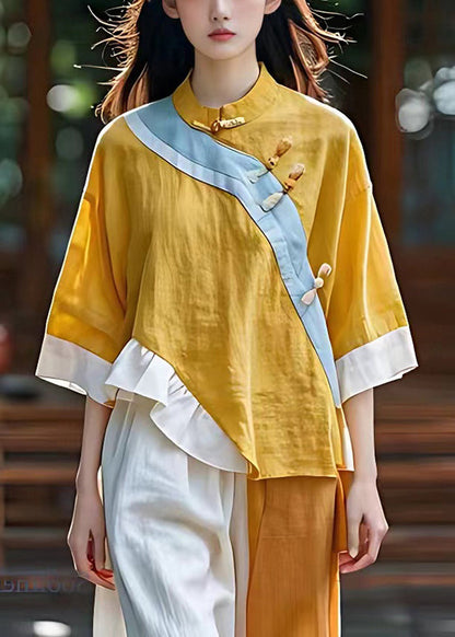 Schickes gelbes asymmetrisches Patchwork-Leinen-Oriental-Top Sommer