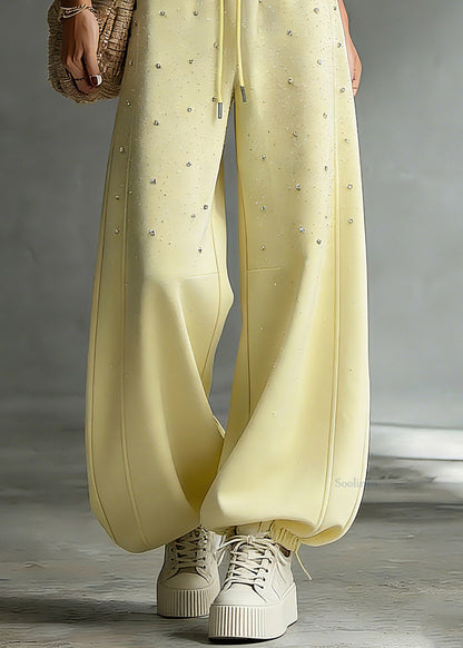 Chic Yellow Drawstring Pockets Patchwork Rivet Lantern Pants Spring