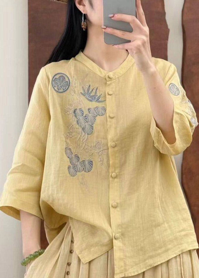 Chic Yellow O-Neck Embroidered Button Linen Top Three Quarter Sleeve