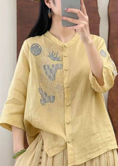Chic Yellow O-Neck Embroidered Button Linen Top Three Quarter Sleeve