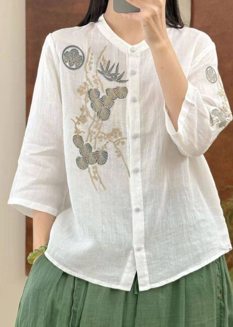Chic Yellow O-Neck Embroidered Button Linen Top Three Quarter Sleeve