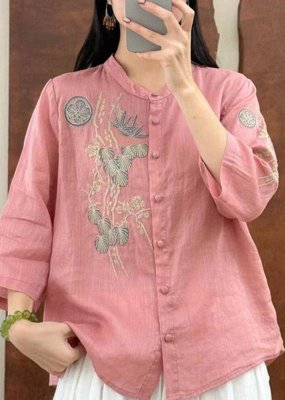 Chic Yellow O-Neck Embroidered Button Linen Top Three Quarter Sleeve
