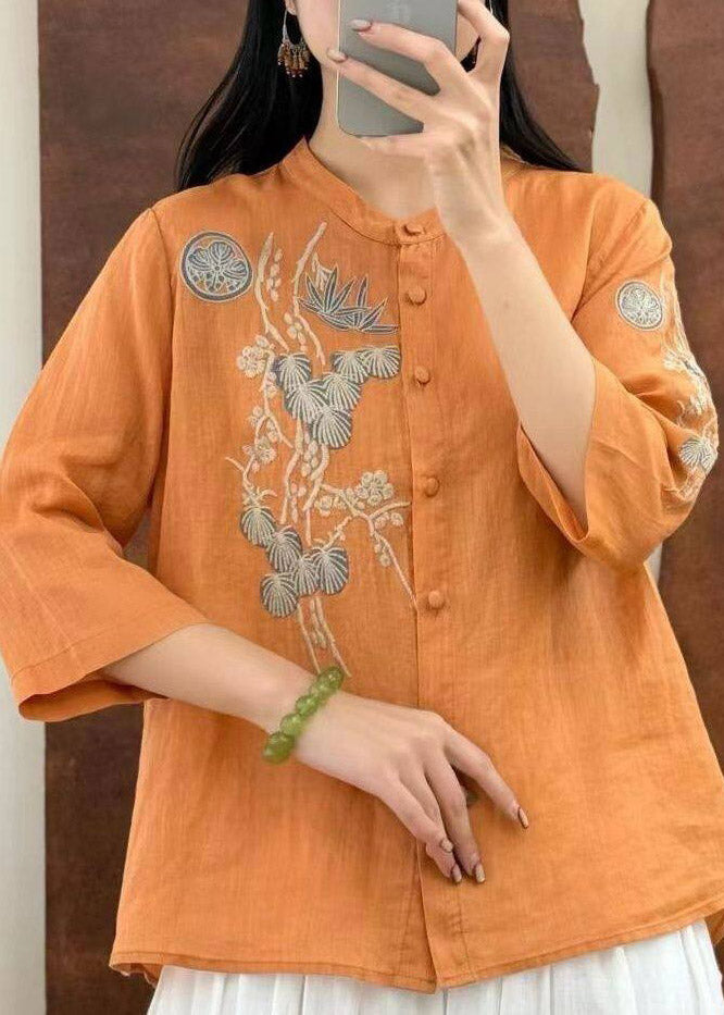Chic Yellow O-Neck Embroidered Button Linen Top Three Quarter Sleeve