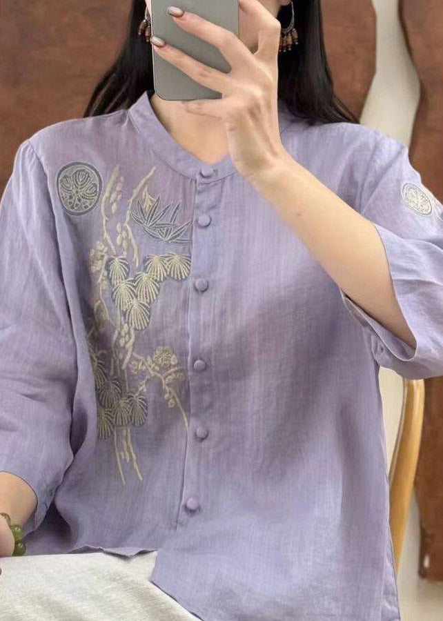 Chic Yellow O-Neck Embroidered Button Linen Top Three Quarter Sleeve