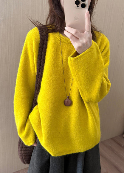 Chic Yellow O-Neck Warm Knitted Tops Winter