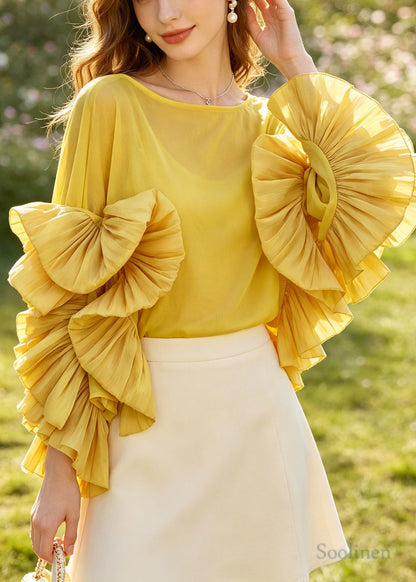 Chic Yellow Oversized Tulle Blouses Petal Sleeve