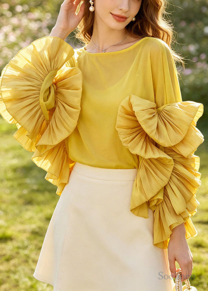 Chic Yellow Oversized Tulle Blouses Petal Sleeve