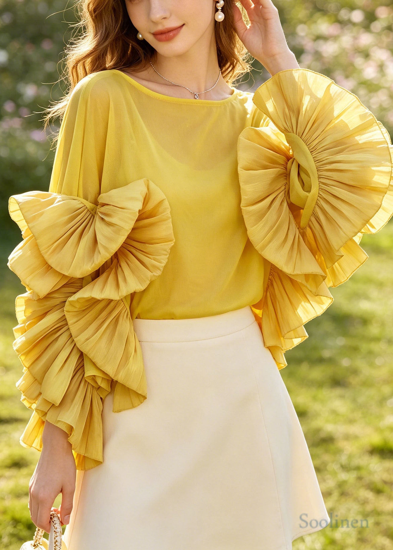 Chic Yellow Oversized Tulle Blouses Petal Sleeve